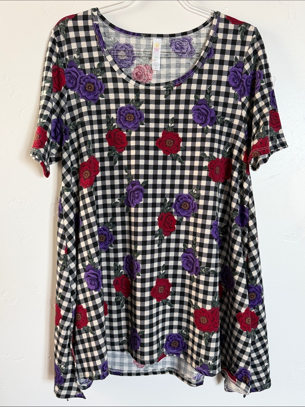 LuLaRoe Black & White Gingham Short-Sleeve Tunic with Red and Purple Roses